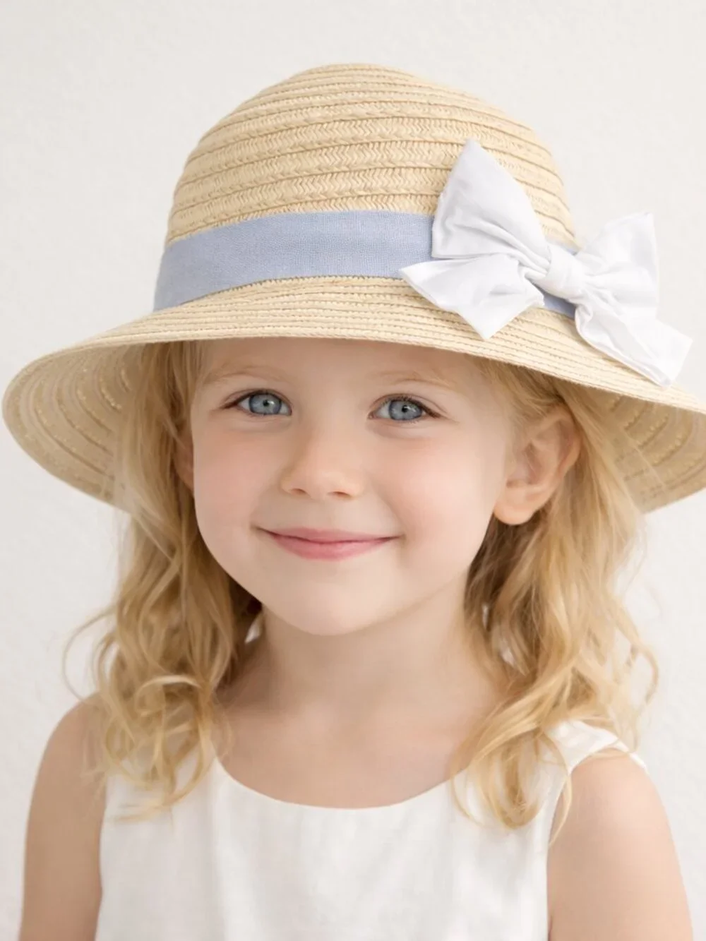 Tahari Girls Straw Sun Hat Blue Bow NWT